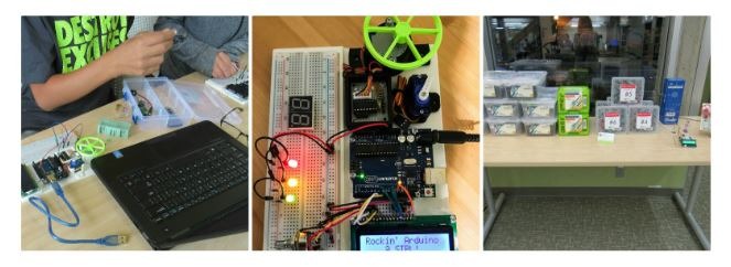 Three photos in a collage showing the Arduino kit