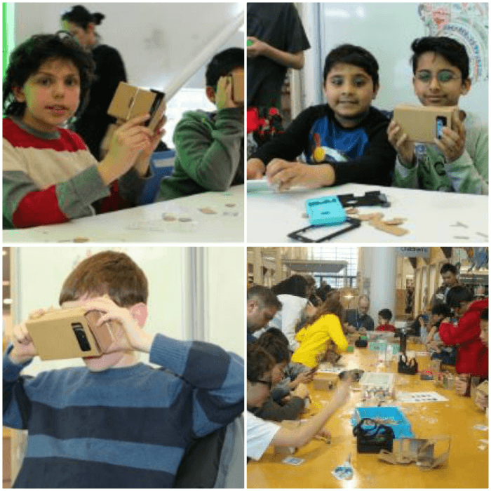 Collage of four images showing children using virtual reality tools