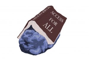 Illustration of a book, open with pages facing down, laying atop a boulder, with the title Marrakesh: Access For All.