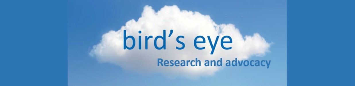 A cloud on blue background with bird's eye, research and advocacy written on it.