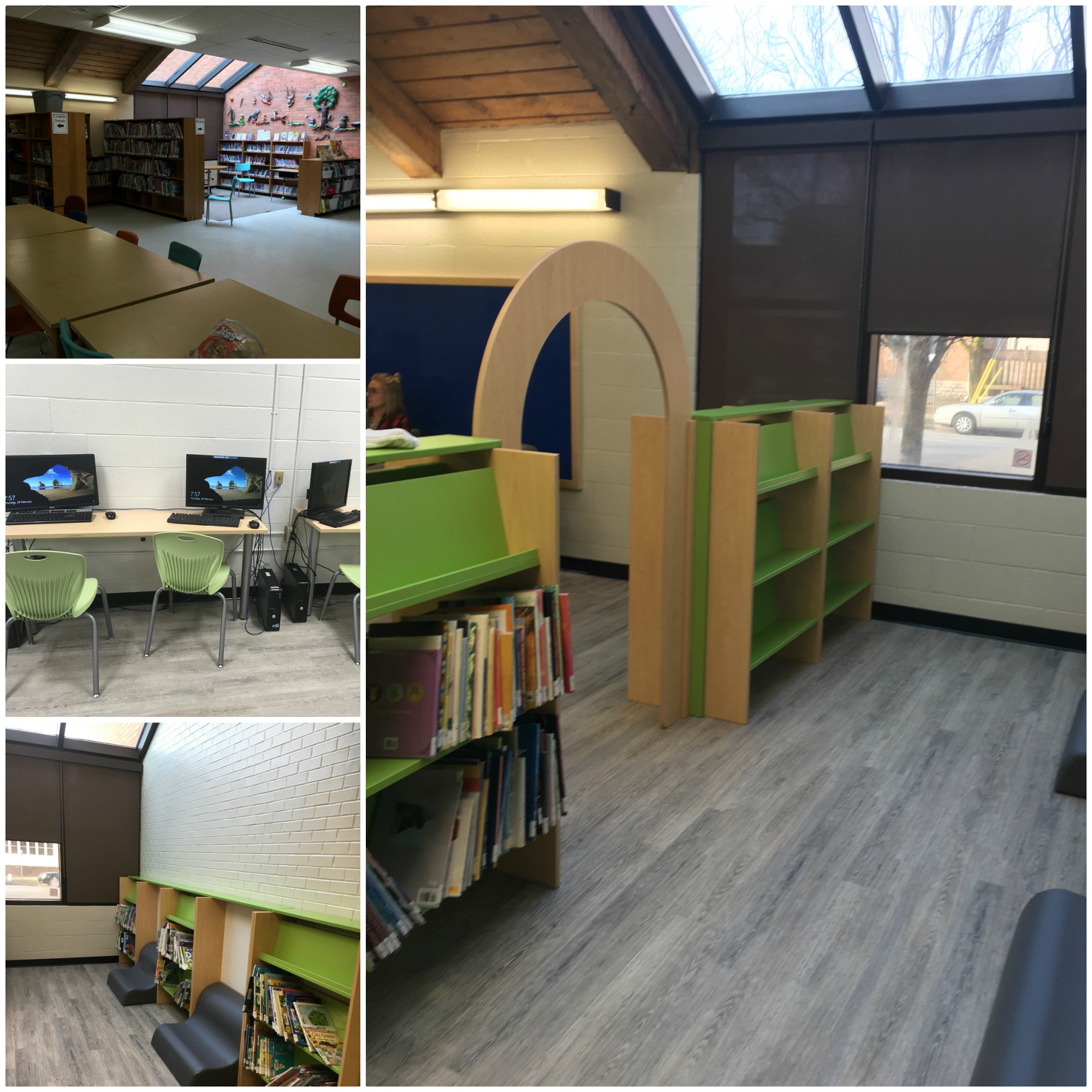 A collage of four photos of the Central Public School learning commons