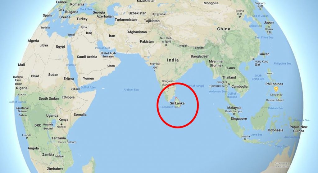 World map with red circle around Sri Lanka
