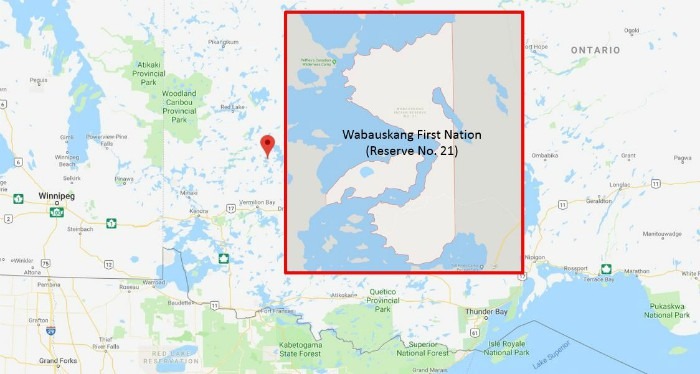 A map of northern Ontario with an inset of Wabauskang First Nation