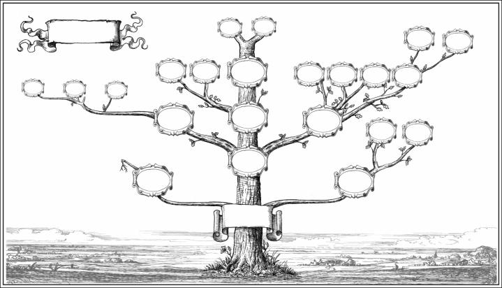 Pen and ink drawing of a family tree with labels for each ancester