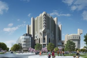 Photo of the Robarts library with a computer-generated rendering of the new library extension, to the left.