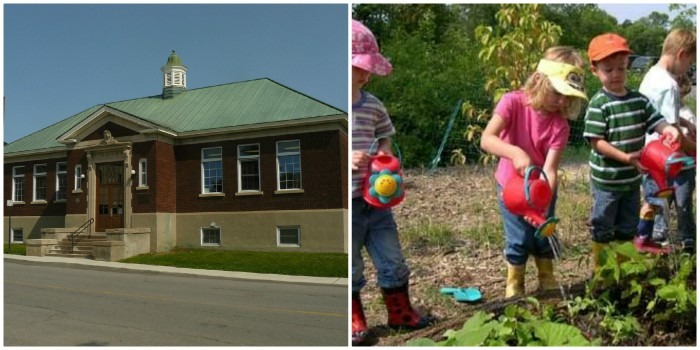 Collage of the Renfrew Public library on the left and children watering plants on the right