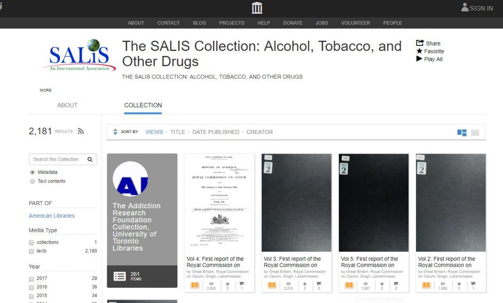 Screen shot of the SALIS collection in the Internet Archive