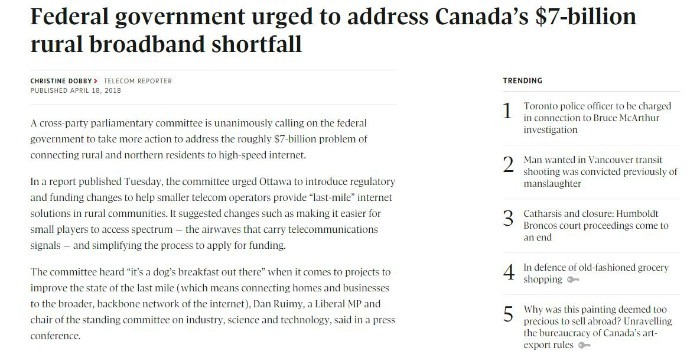 Screenshot of Globe and Mail story about government report on rural broadband connectivity
