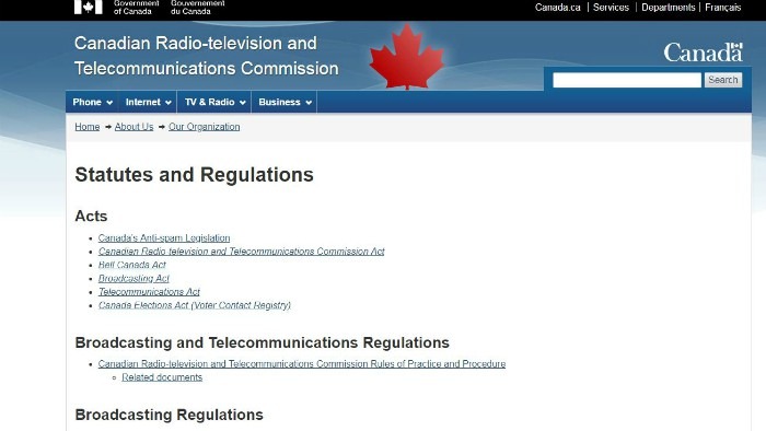 Screen shot of the CRTC website