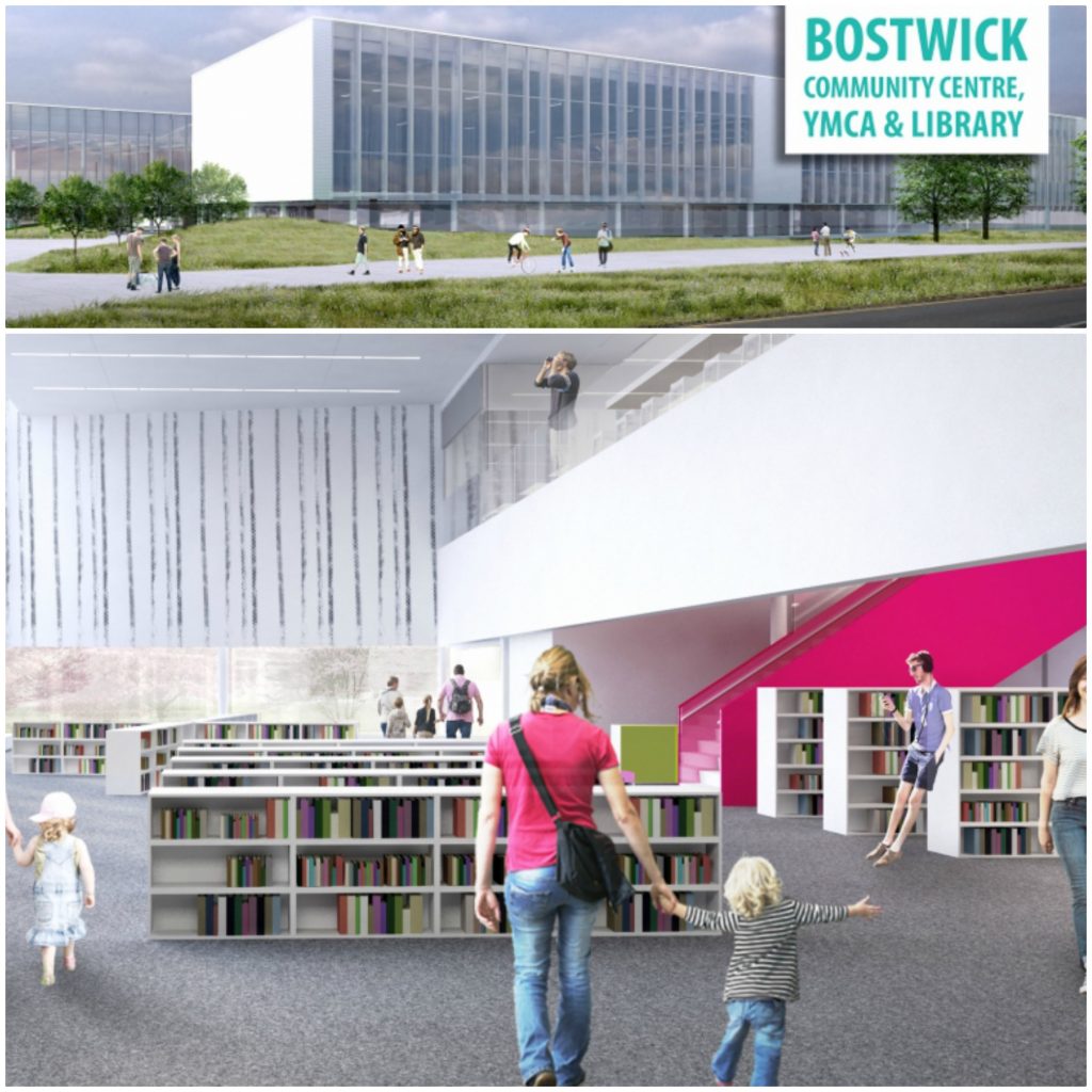 A collage with two photos, the top photo is an outside view of the Bostwick Public Library and the bottom view is of the inside with people