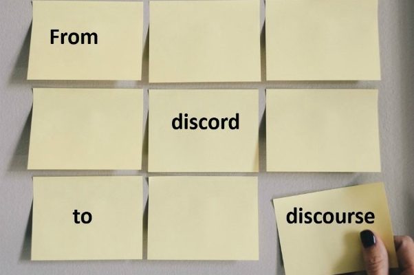 Nine Yellow Stickynotes Arranged In Threes Rows And Three Columns With The Words From Discord To Discourse Arranged Asymmetrically