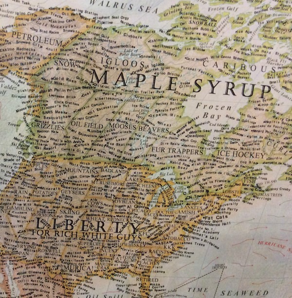 A map of North America labeling Canada as maple syrup