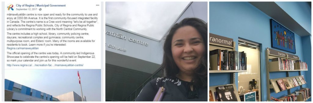 A collage of three photos including a screencast of a Facebook post about the centre, a photo of Samantha Martin-Bird outside the centre and an interior shot showing book shelves.