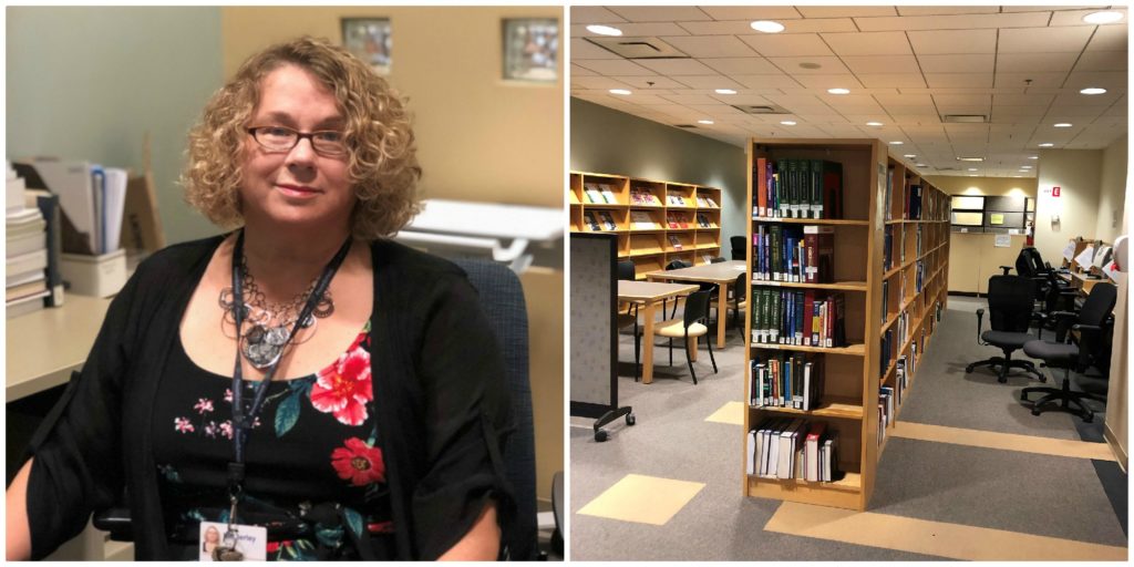 Collage of two photos, on left Kimberley Aslett and on right the library in which she works (books shelves).