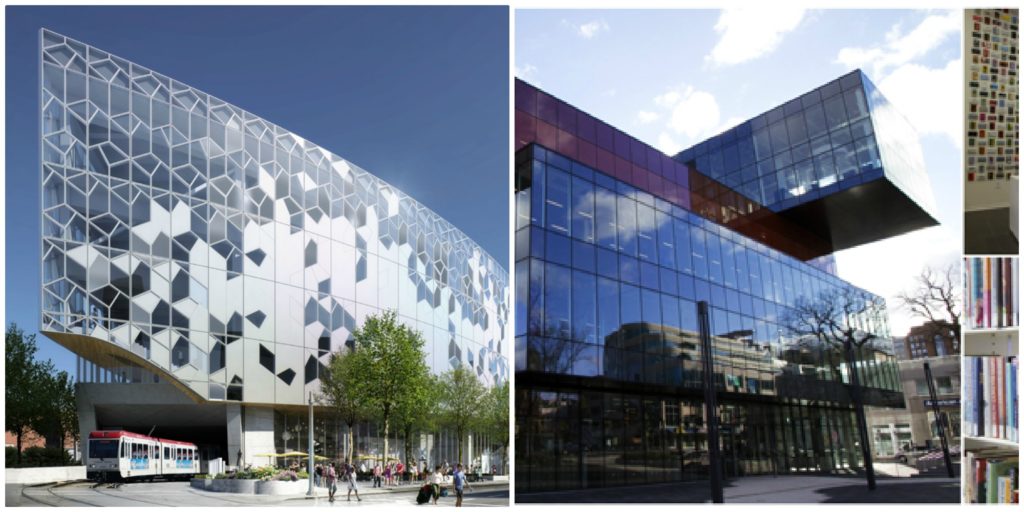 Collage of photo of Calgary Public Library on the left and the Halifax Public Library on the right