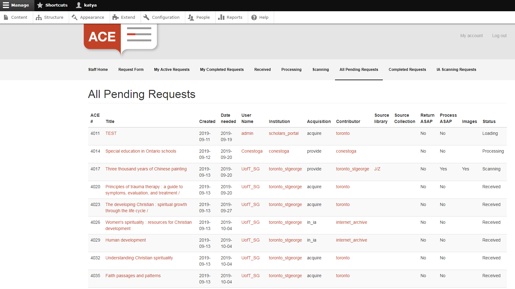 The pending requests section of the ACE staff portal.