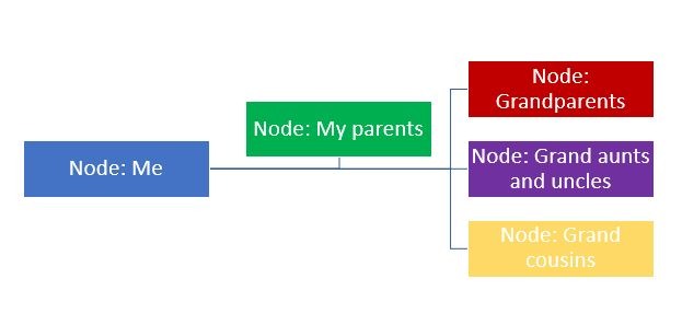 Four coloured boxes in a hierarchy showing genealogy nodes