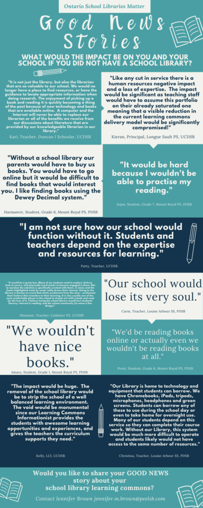 An infographic of quotes from school library staff