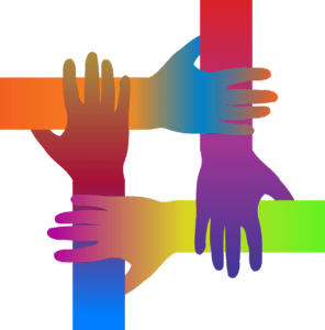 Four differently-coloured hands supporting each other.