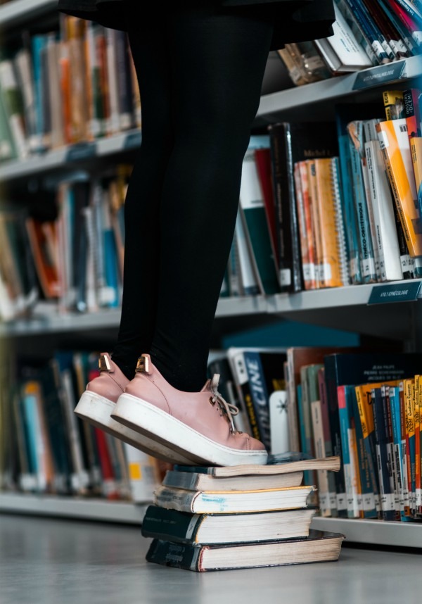 Girl standing on pile of books