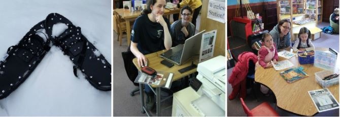 Three images, one of snowshoes, then two of patrons sitting at computers