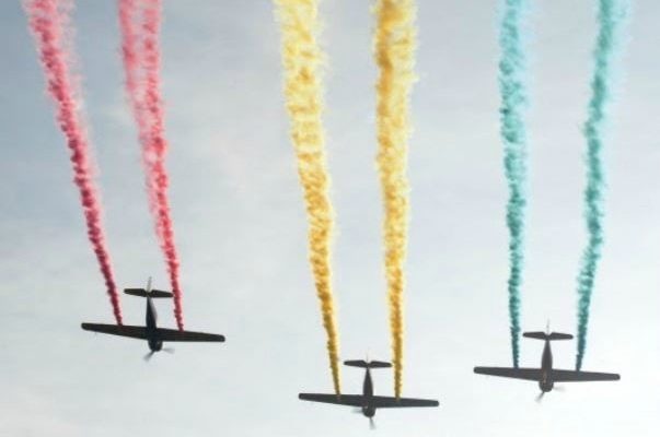 An Aerial Shot Of Three Jets, Each With Different Colour Of Exhaust.