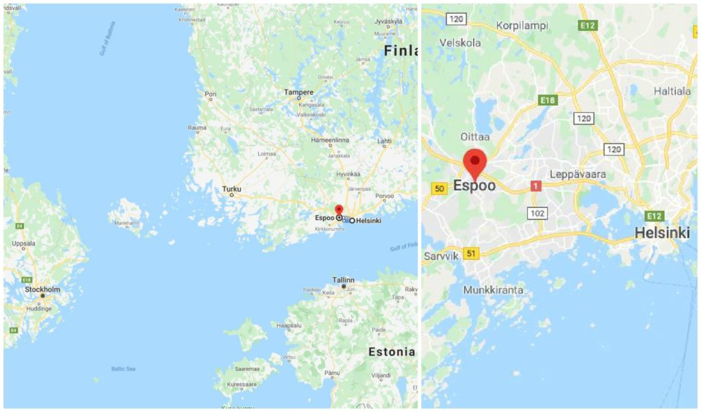 A collage of two maps, showing the cities of Espoo and Helsinki