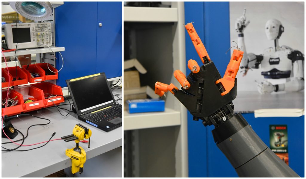 A collage of two photos from the makerspace in Iso Omena public library. On the left is a photo of a computer and storage bins. On the right is a robotic hand.