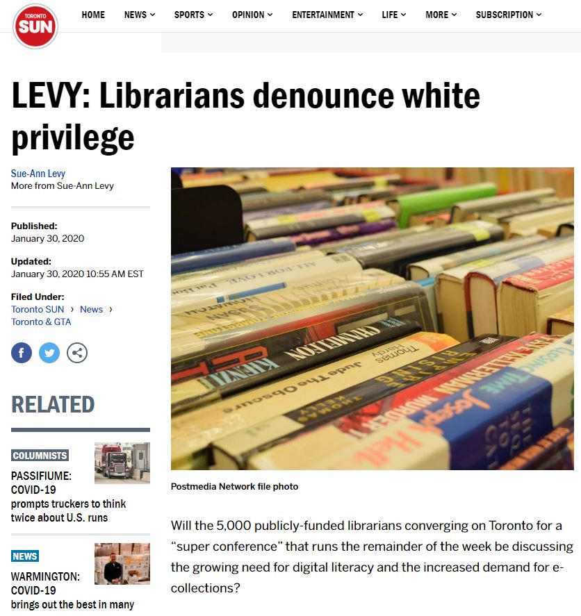 Screen shot of online newspaper article that features a picture of books