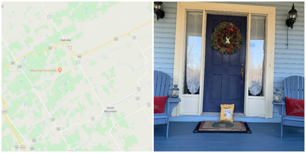 Map and photo of doorstep with chairs and blue door.