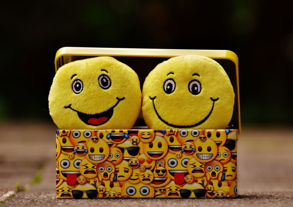 Box with smiley faces on it and two smiley faced stuffed toys in it.