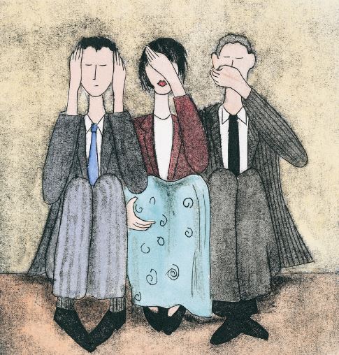 Cartoon sketch of three people covering ears, eyes and mouth