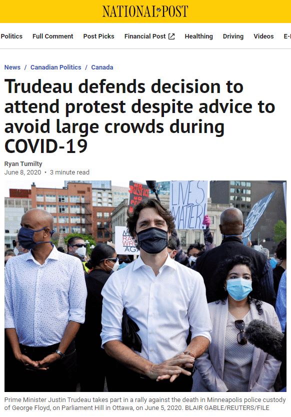 Screen shot of newspaper article about Prime Minister Trudeau attending Black Lives Matter rally in Ottawa. He is in the centre wearing a black mask.