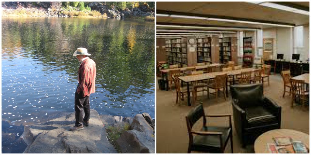 A collage of two photos. In one a man stands on a riverbed. The other is an indoor shot of the University of Sudbury library.