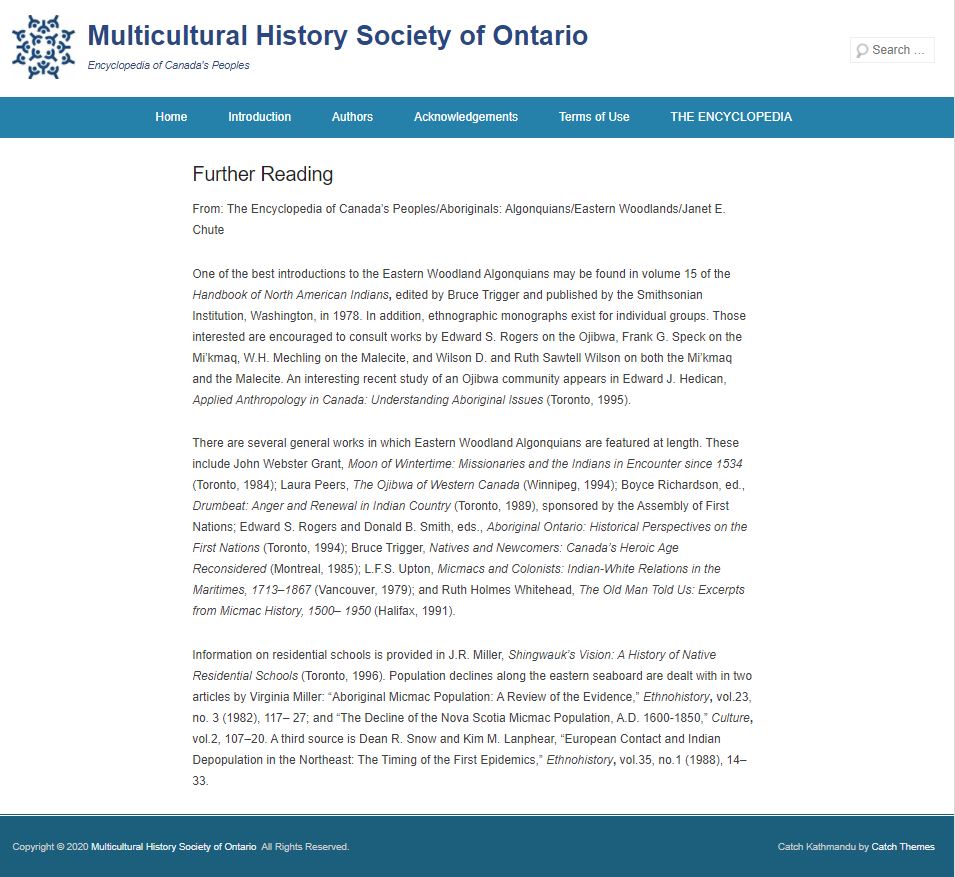 Screenshot of Annotated bibliography Encyclopedia of Canada's Peoples