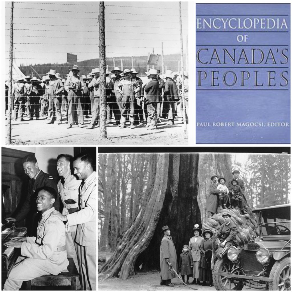 A collage of four images, three of ethnic groups and one of the cover of the Encyclopedia of Canada's Peoples