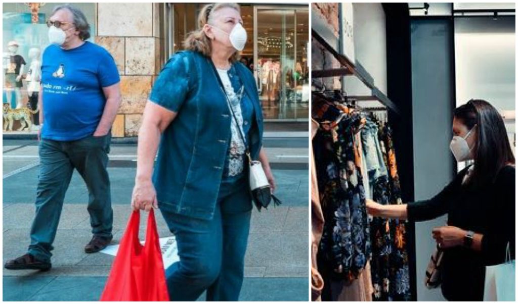 A collage of two photos of shoppers wearing masks