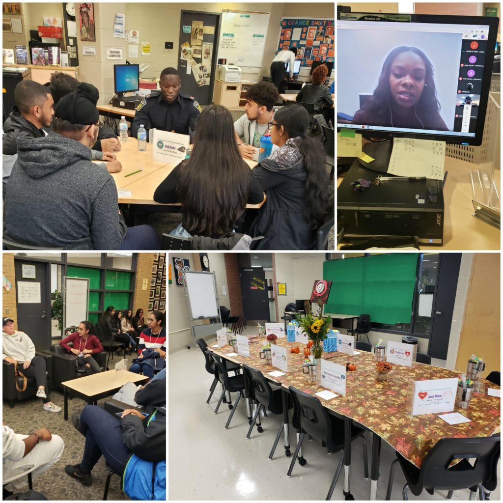 Collage of four photos from high school human library featuring participants and seating spaces