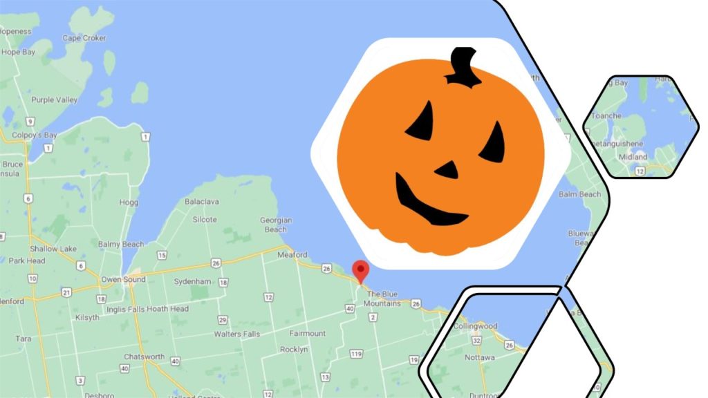 Pumpkin over a map of Thornbury, Ontario