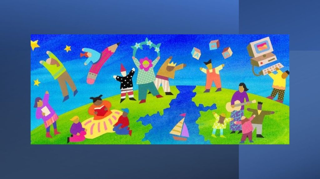 A stylized painting of children celebrating their diversity