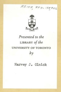 A book plate marking a rare book in the U of T Music Library's collection as a donation from Olnick