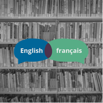 A Bookshelf With French And English Speech Bubbles In The Foreground.