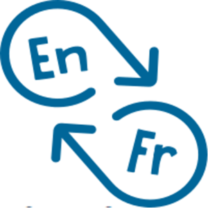 A graphic with two blue arrows. Text reads: En. Fr