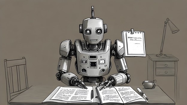 Illustration Of A Robot Sitting At A Desk With An Open Book In Front Of It. The Robot Has A Humanoid Face And Body With Mechanical Arms And Torso Featuring Various Buttons And Panels. On The Desk, There's A Clipboard With Papers Clipped To It And A Desk Lamp Off To The Right. A Pen Rests On The Open Book, Suggesting The Robot May Be Engaged In Studying Or Research (Generated By ChatGPT 4).